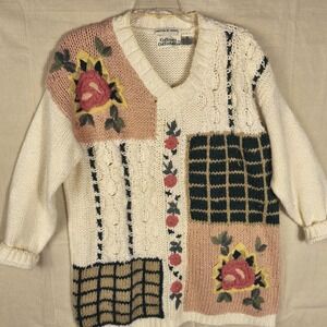 Vintage Patchwork Handmade Sweater Cottagecore Floral Knit Women Oversized Small